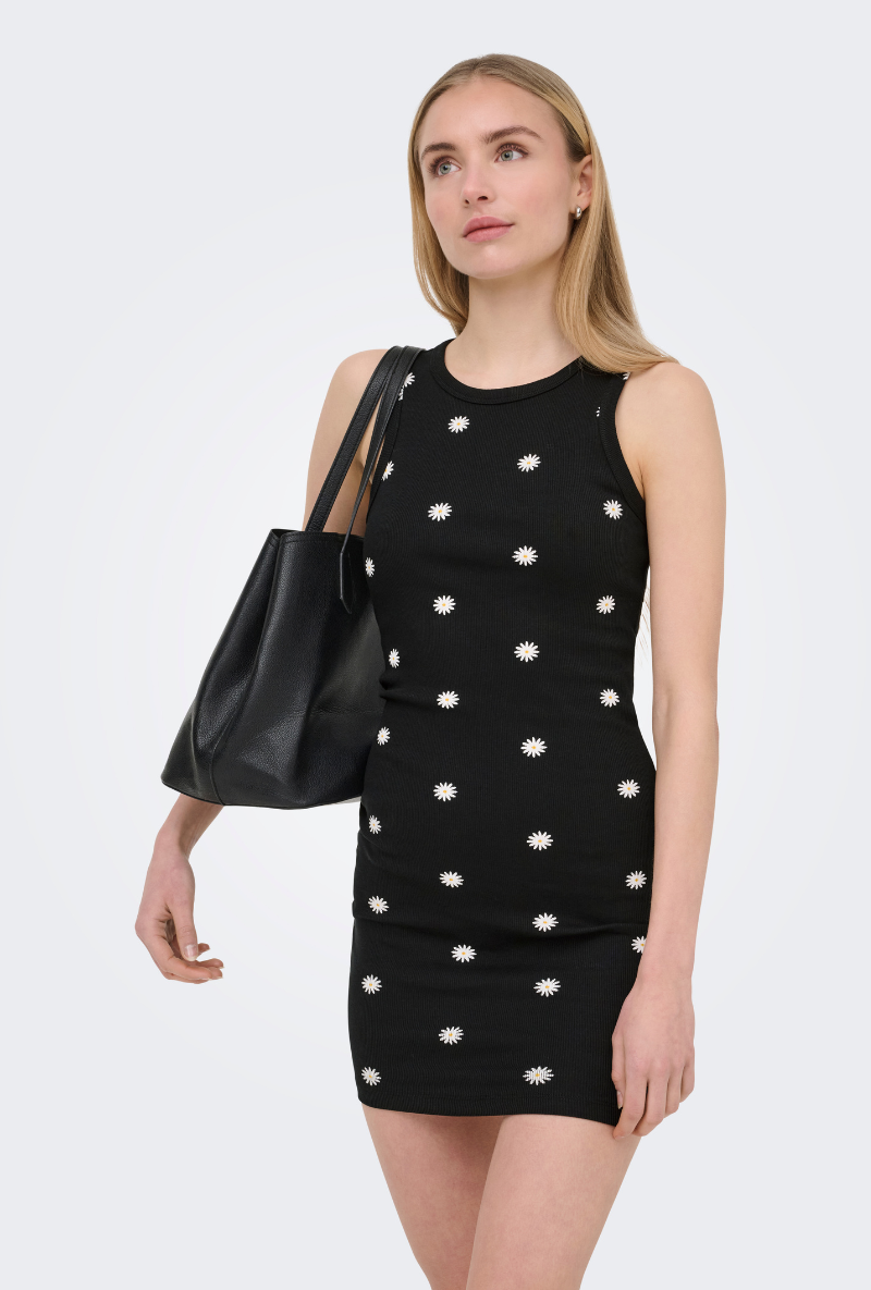 Front image of a model wearing Fenja dress in black, by brand Only