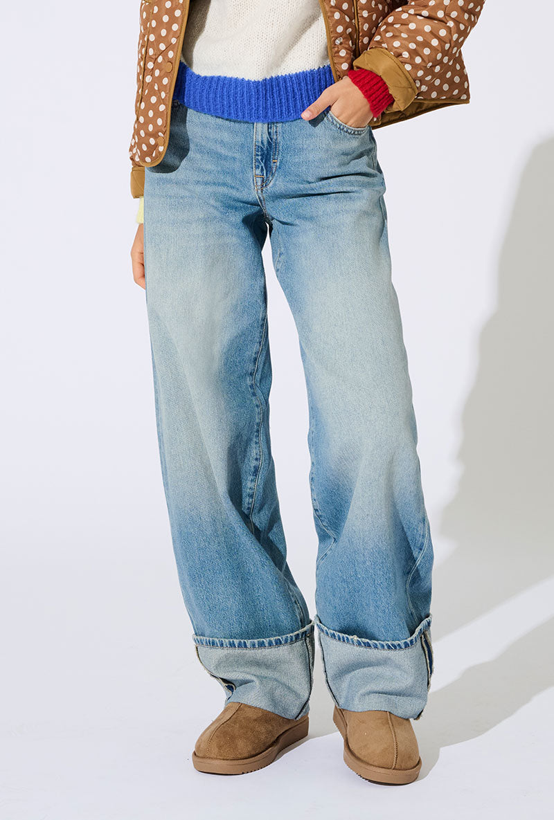 Front image of a model wearing Gianna mw fold up jeans in denim, by brand Only