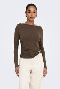 Front image of a model wearing the Hannah l/s metal top in brown, by brand Only