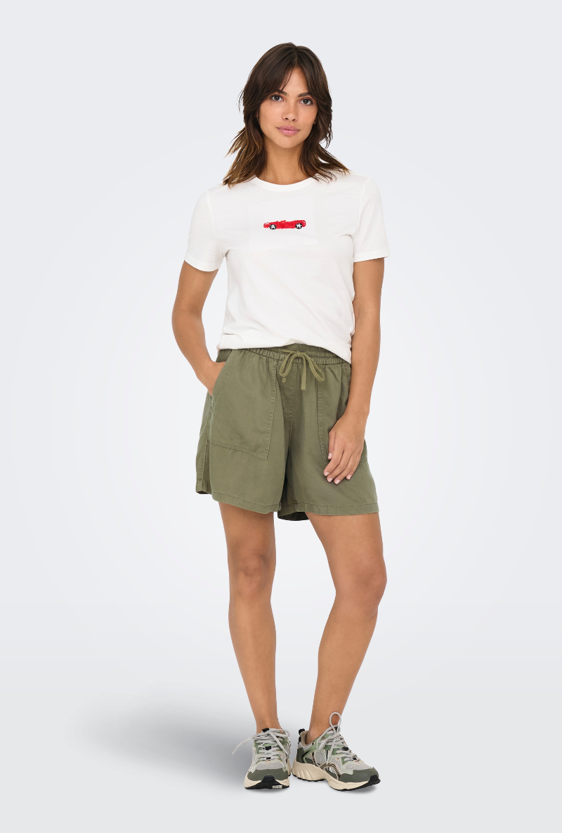Front image of a model wearing Only kenya life hw shorts in khaki, by brand Jacqueline de yong