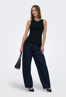 Front image of a model wearing the Kiss sleeveless peplum top in black, by brand Only