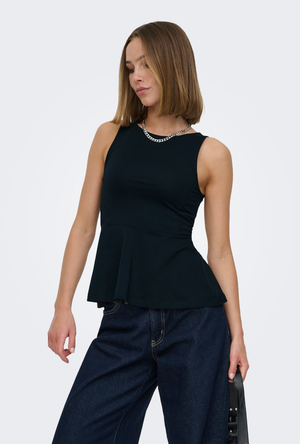 Front image of a model wearing the Kiss sleeveless peplum top in black, by brand Only
