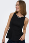 Front image of a model wearing the Kiss sleeveless peplum top in black, by brand Only