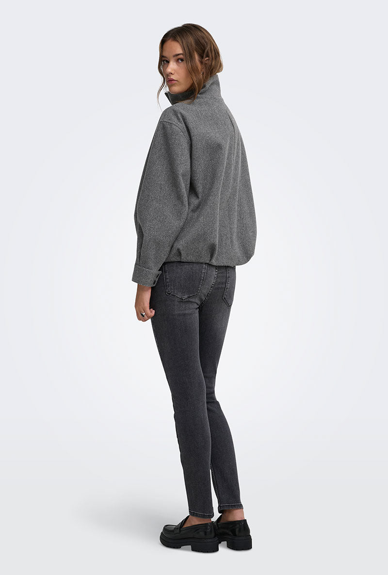 Back image of a model wearing Lasta high collar bomber jacket in charcoal, by brand Only