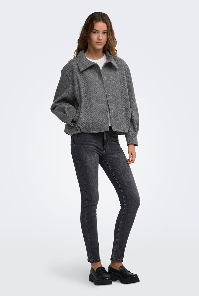 Front image of a model wearing Lasta high collar bomber jacket in charcoal, by brand Only
