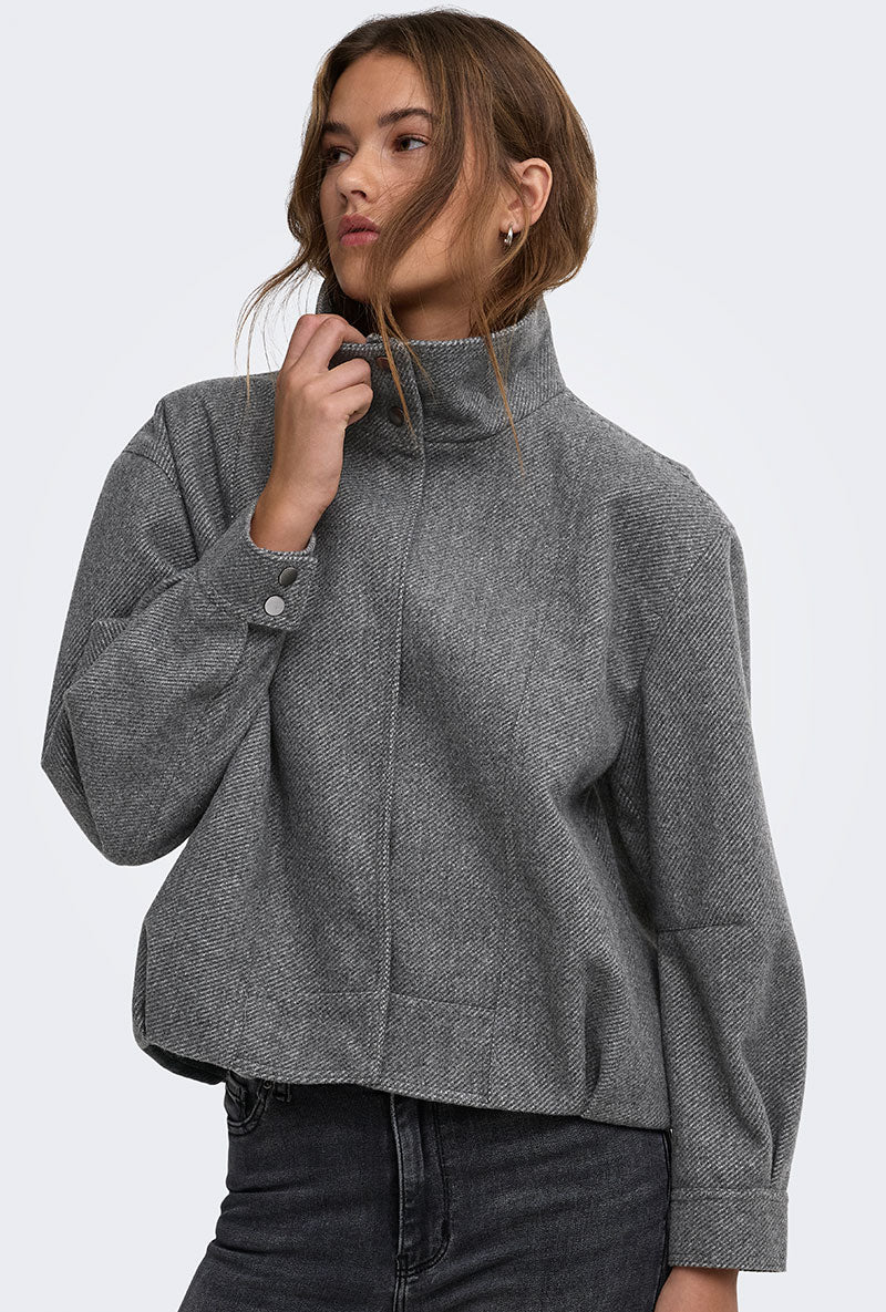 Front image of a model wearing Lasta high collar bomber jacket in charcoal, by brand Only