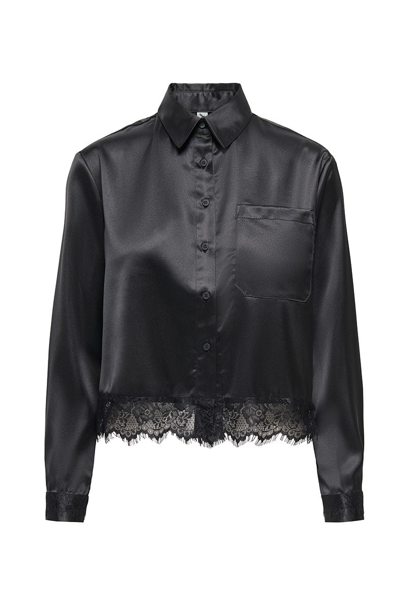 Front image of Lindona l/s satin lace shirt in black, by brand Only