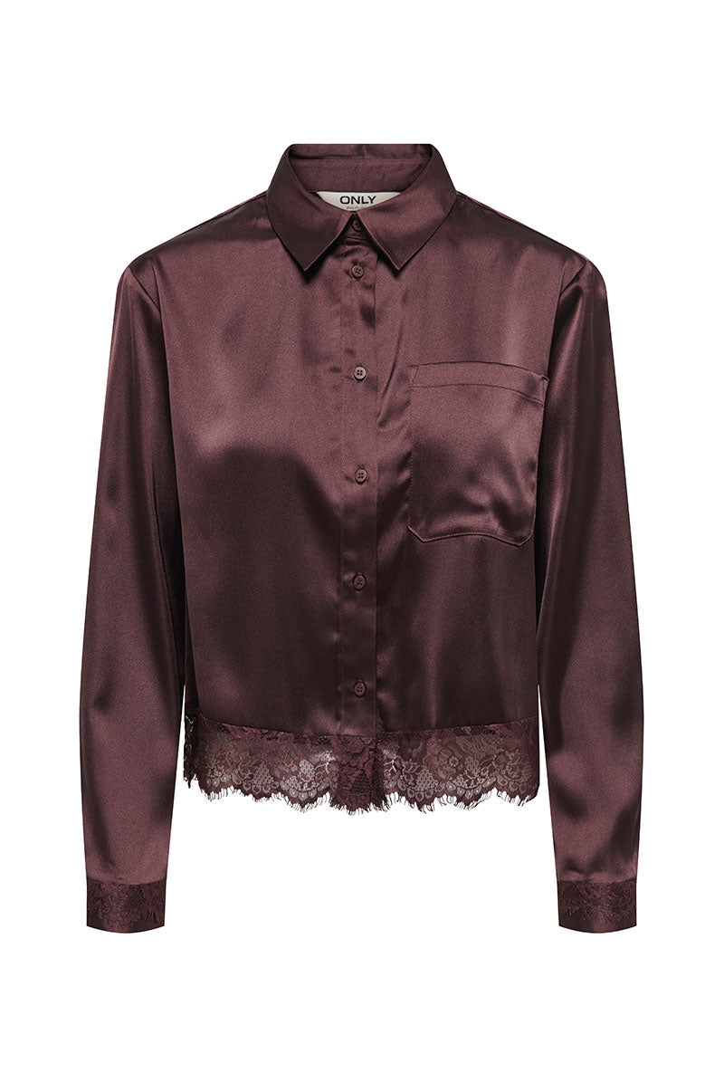 Front image of Lindona l/s satin lace shirt in chocolate, by brand Only