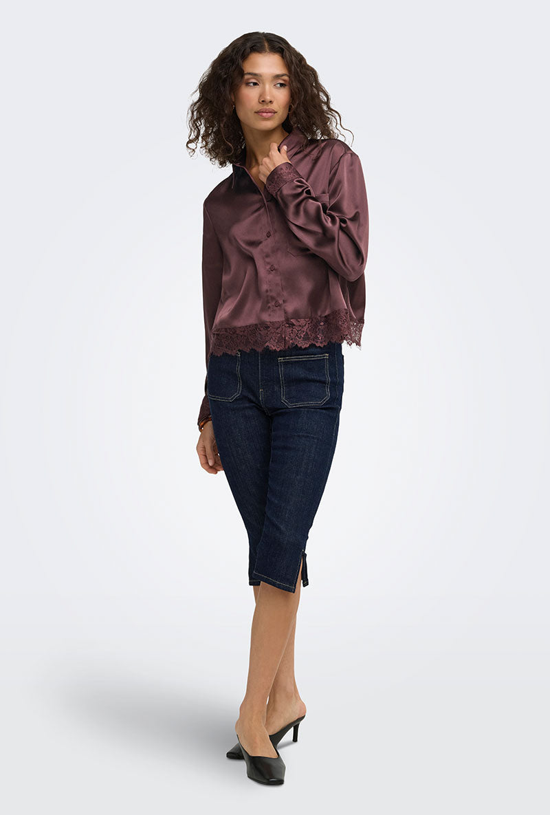 Front image of a model wearing Lindona l/s satin lace shirt in chocolate, by brand Only