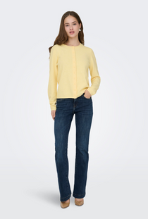 Front image of a model wearing the Only loyal oneck button cardi in yellow, by brand Only
