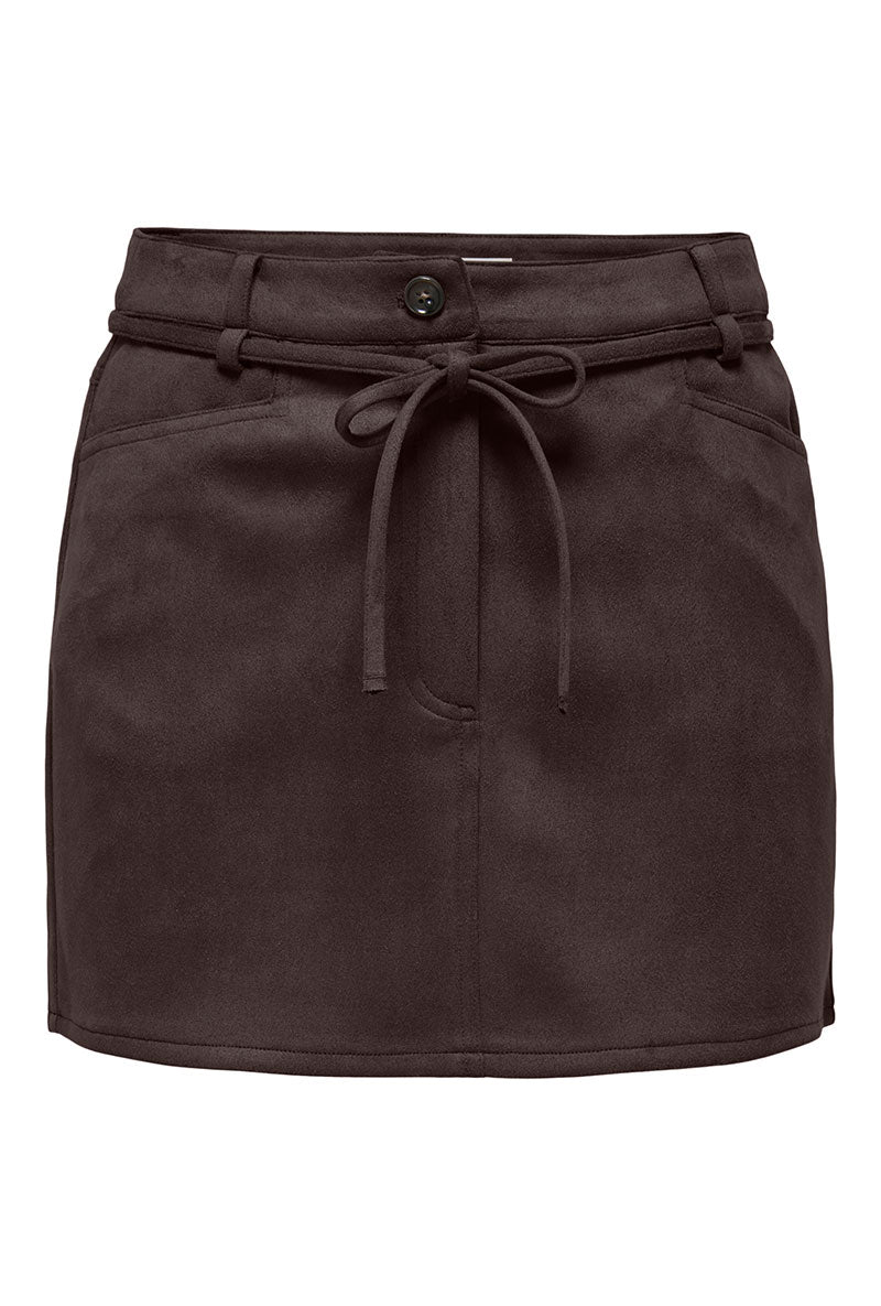 Front image of Mira hw faux suede belt skirt in brown, by brand Only