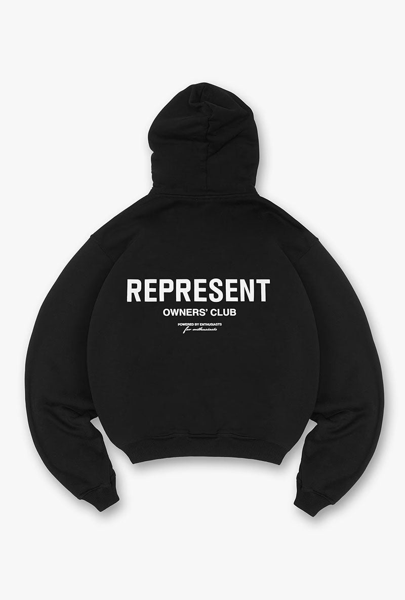 Back image of Owners club hoodie in black, by brand Represent