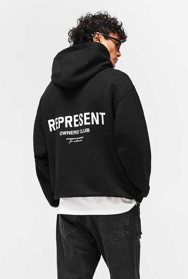 Back image of a model wearing Owners club hoodie in black, by brand Represent