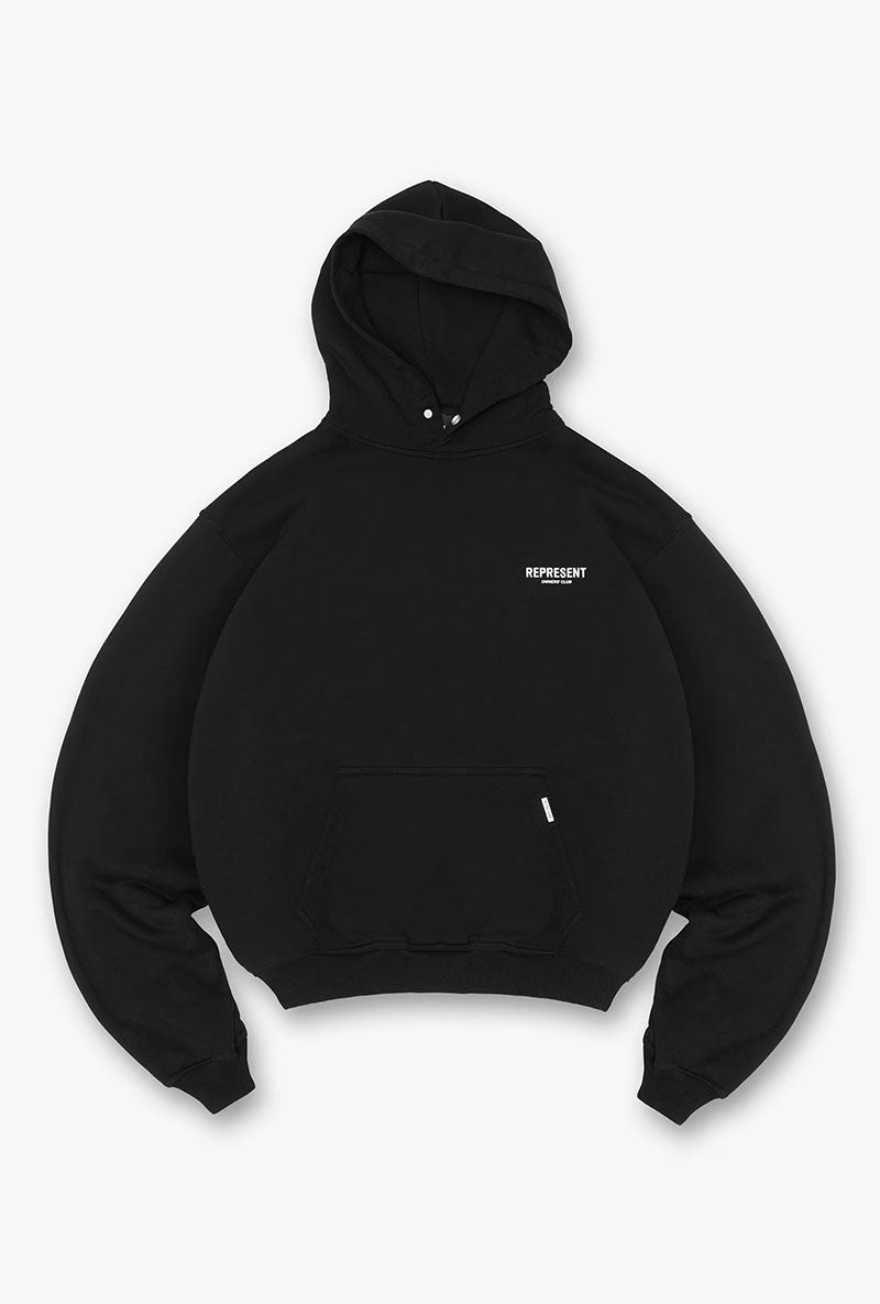 Front image of Owners club hoodie in black, by brand Represent