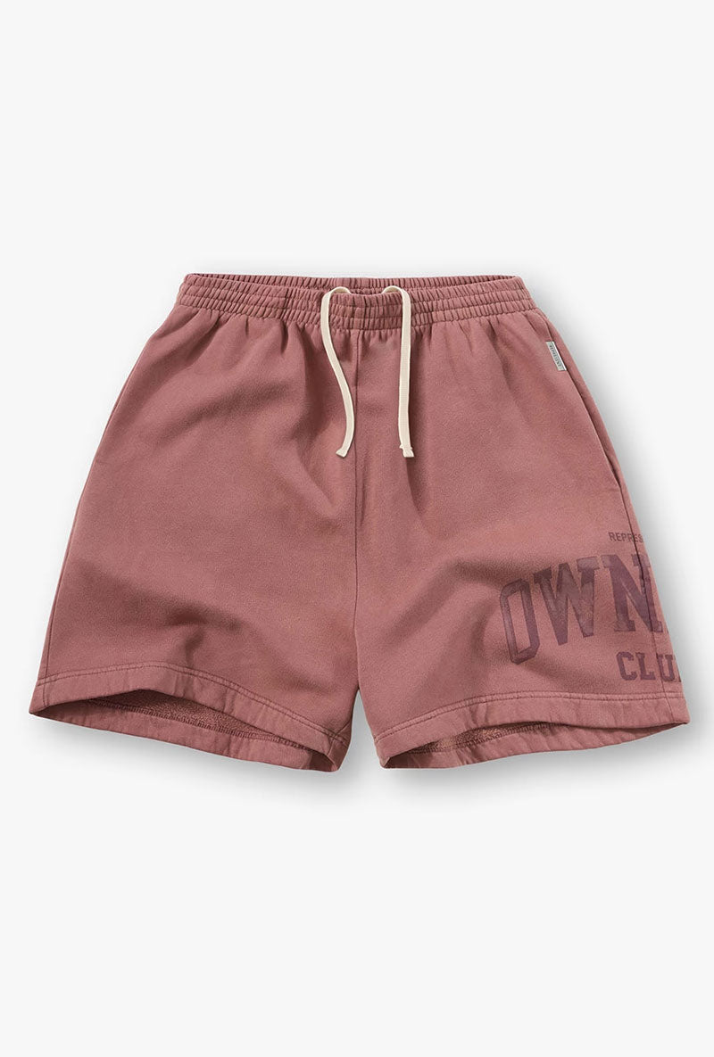 Front image of Owners club script mesh shorts in brown, by brand Represent