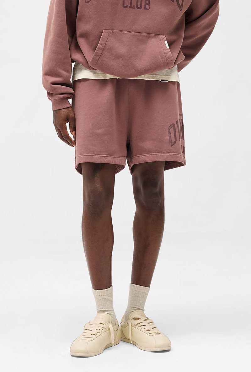 Front image of a model wearing Owners club script mesh shorts in brown, by brand Represent