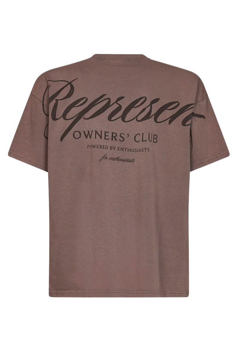 Back image of Owners club script t in brown, by brand Represent