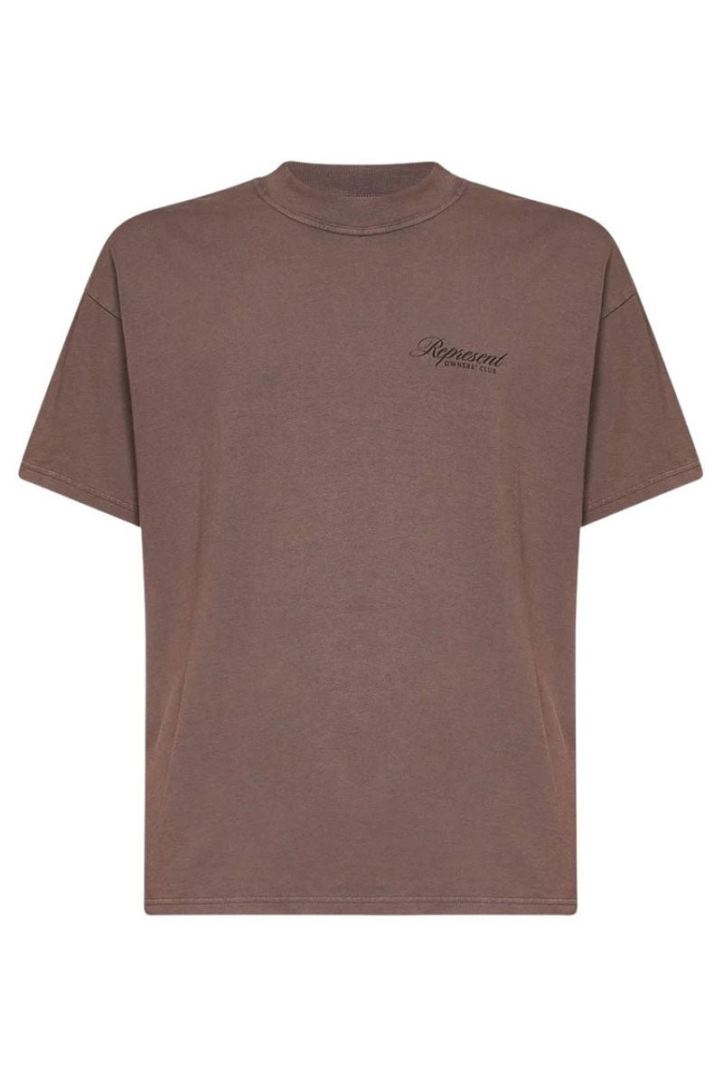 Front image of Owners club script t in brown, by brand Represent