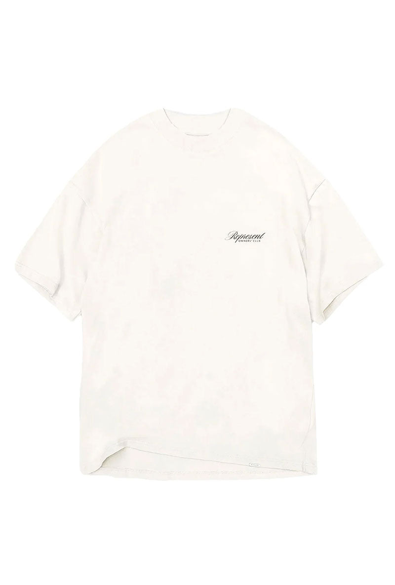 Front image of Owners club script t in off white, by brand Represent