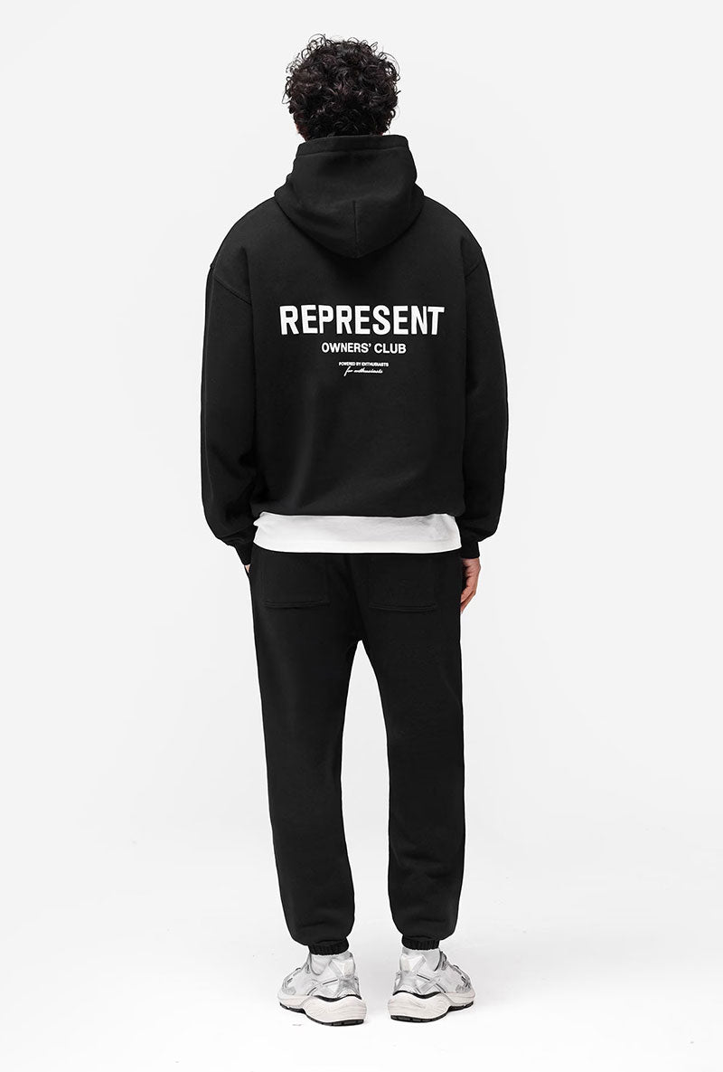 Back image of a model wearing Owners club sweatpant in black, by brand Represent