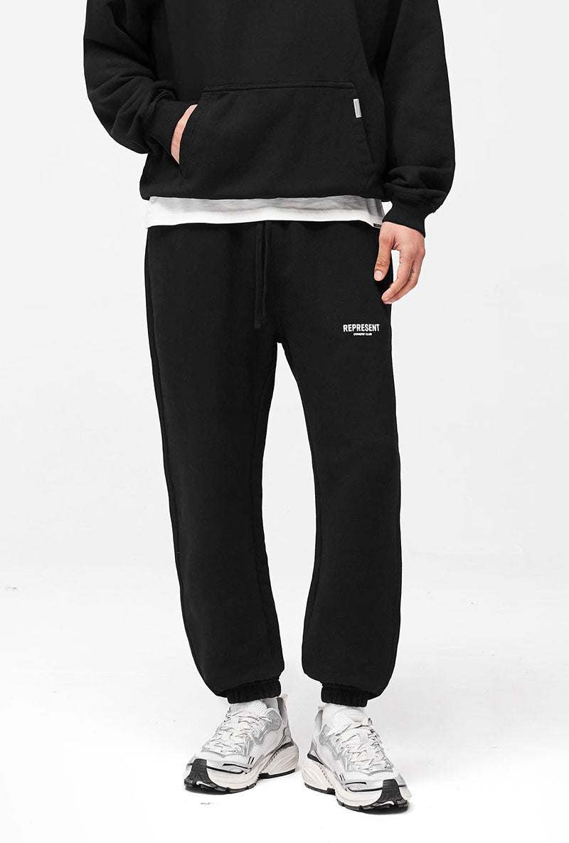Front image of a model wearing Owners club sweatpant in black, by brand Represent
