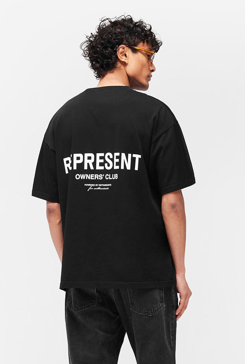 Back image of a model wearing Owners club t in black, by brand Represent
