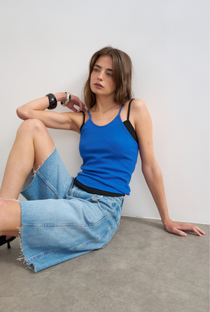 Front image of the Alfrida sleeveless vest in blue, by brand Top shop