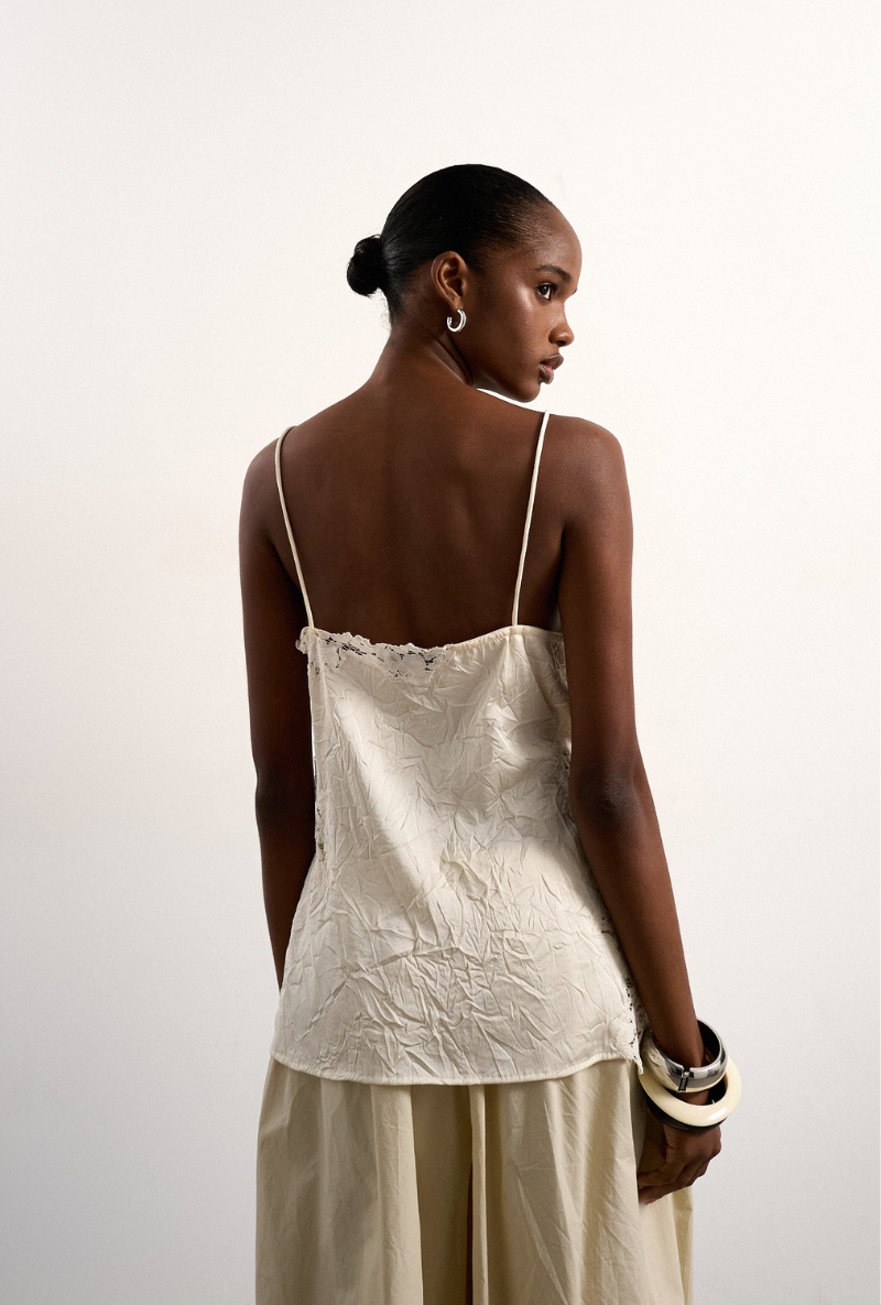 Back image of Hallie sleeveless crinkle satin top in white, by brand Top shop