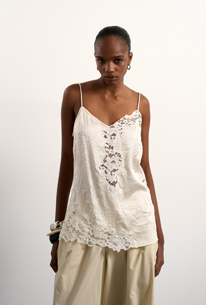 Front image of Hallie sleeveless crinkle satin top in white, by brand Top shop