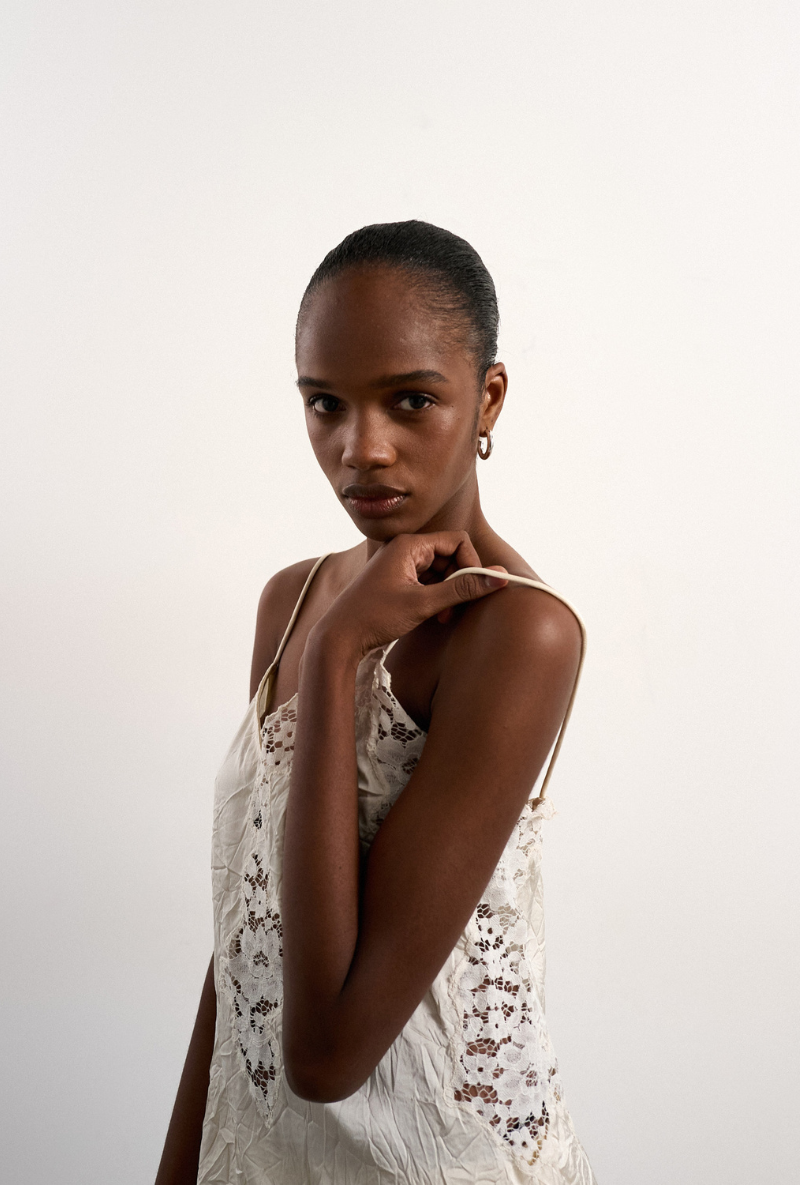 Front image of Hallie sleeveless crinkle satin top in white, by brand Top shop