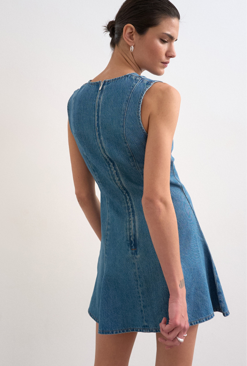 Back image of Lena sleeveless mini denim dress in denim, by brand Top shop