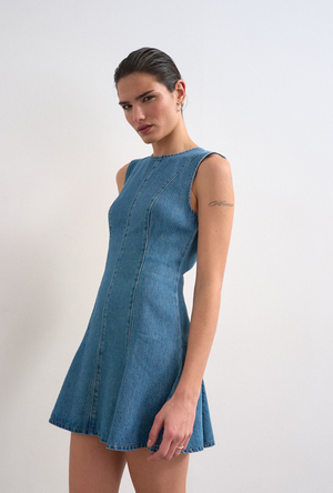 Front image of the Lena sleeveless mini denim dress in denim, by brand Top shop