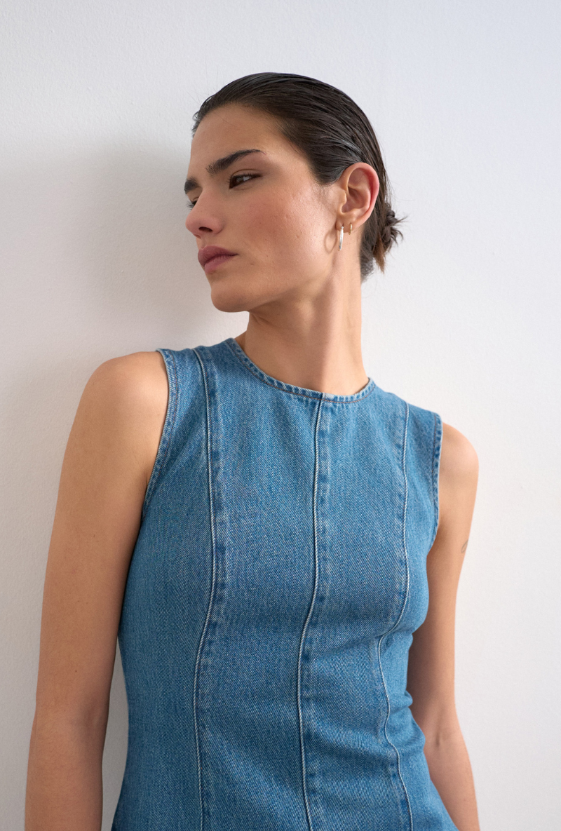 Front image of Lena sleeveless mini denim dress in denim, by brand Top shop