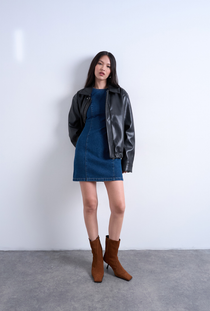 Front image of the Liv sleeveless mini denim dress in denim, by brand Top shop