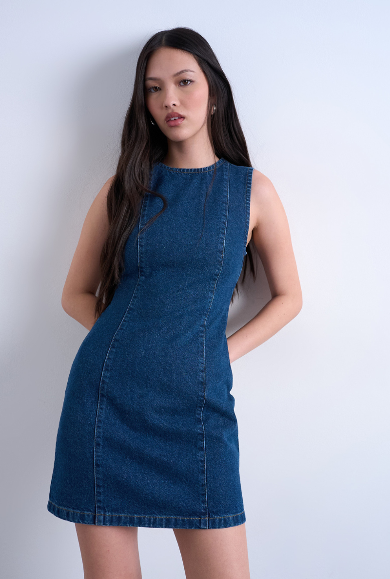 Front image of Liv sleeveless mini denim dress in denim, by brand Top shop