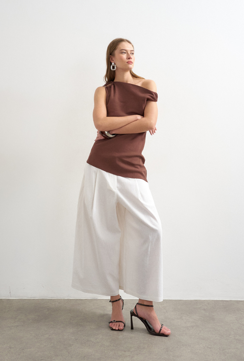 Front image of Malin highrise wide culotte trousers in white, by brand Top shop