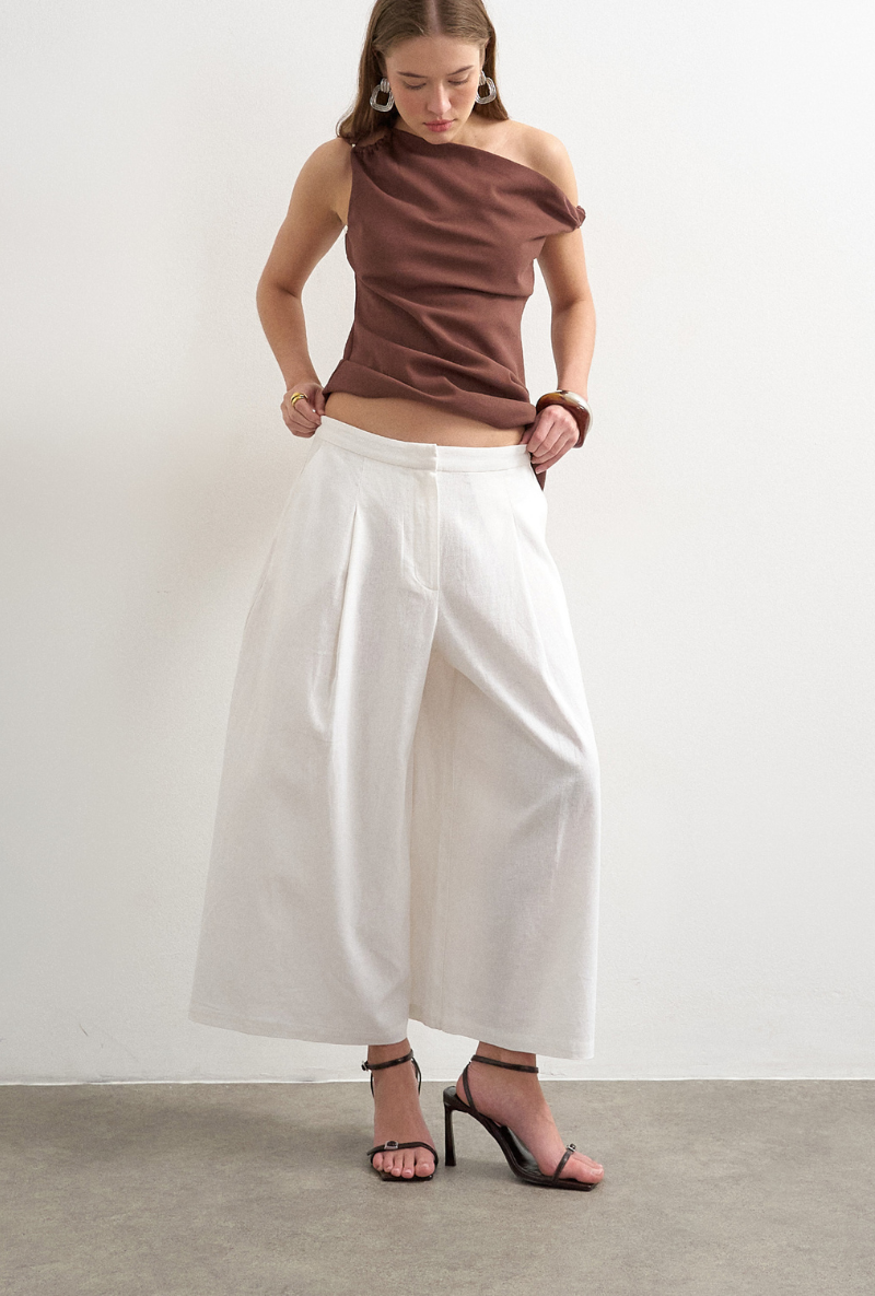 Front image of Malin highrise wide culotte trousers in white, by brand Top shop
