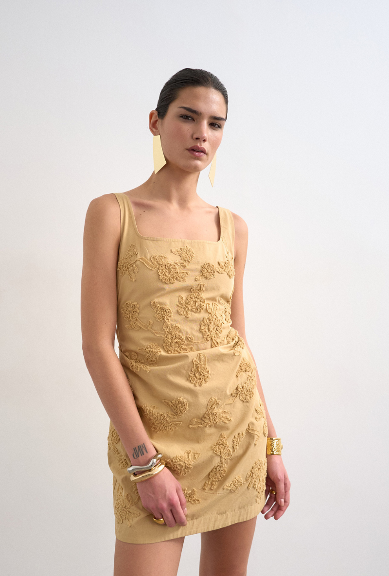 Front image of Nina sleeveless mini dress in beige, by brand Top shop