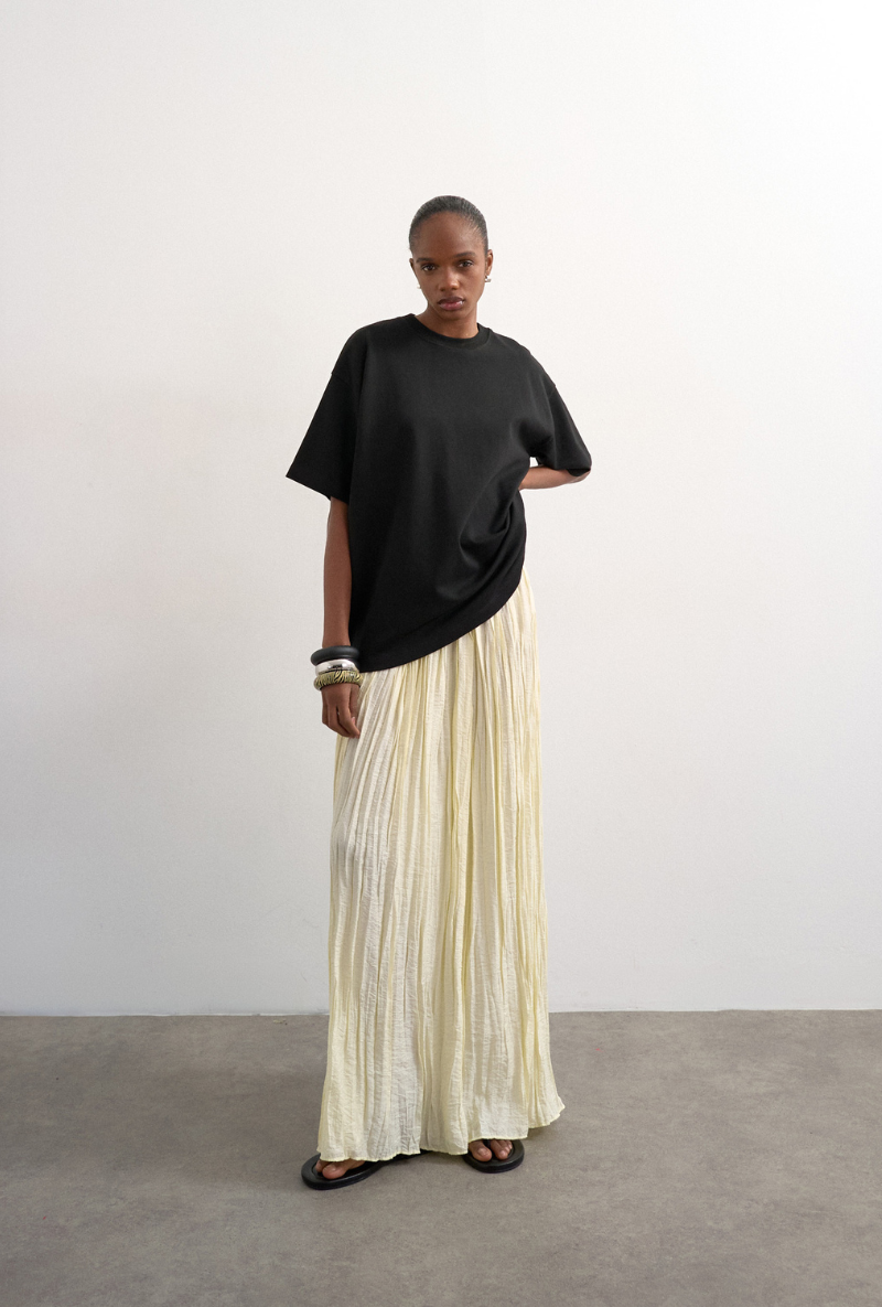 Front image of Thea highrise waist crinkle maxi skirt in natural, by brand Top shop