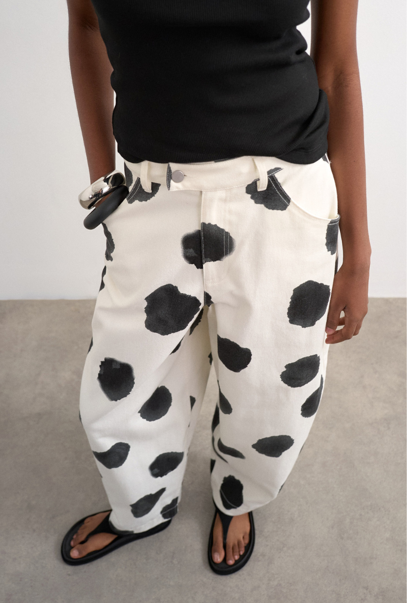Front image of Yara highrise dot barrel trousers in white, by brand Top shop