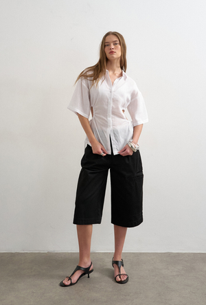 Front image of the Zola shortsleeve fitted shirt in white, by brand Top shop