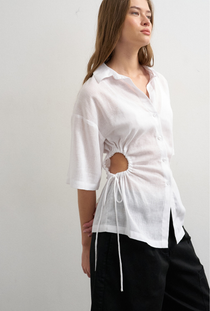 Front image of the Zola shortsleeve fitted shirt in white, by brand Top shop