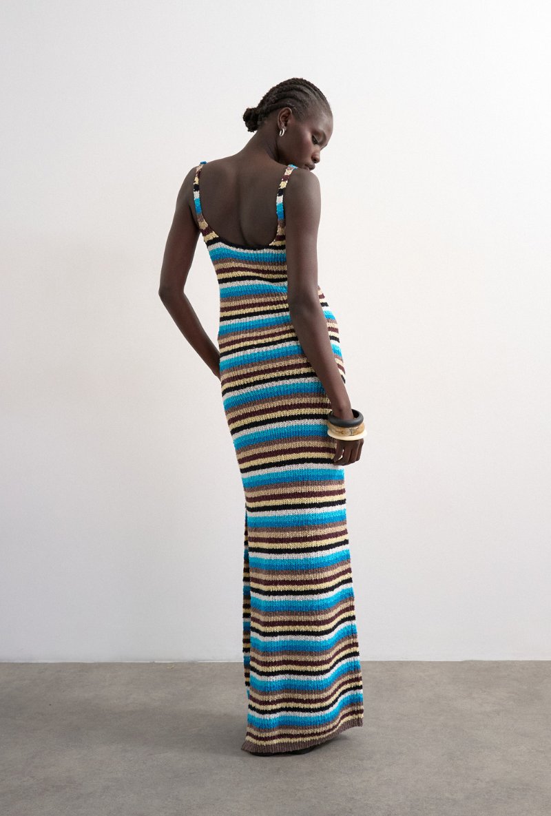 Back image of a model wearing Cajsa sleeveless multi striped knit dress in blue, by brand Top shop