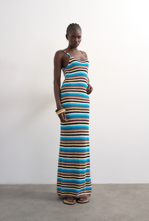 Front image of a model wearing the Cajsa sleeveless multi striped knit dress in blue, by brand Top shop