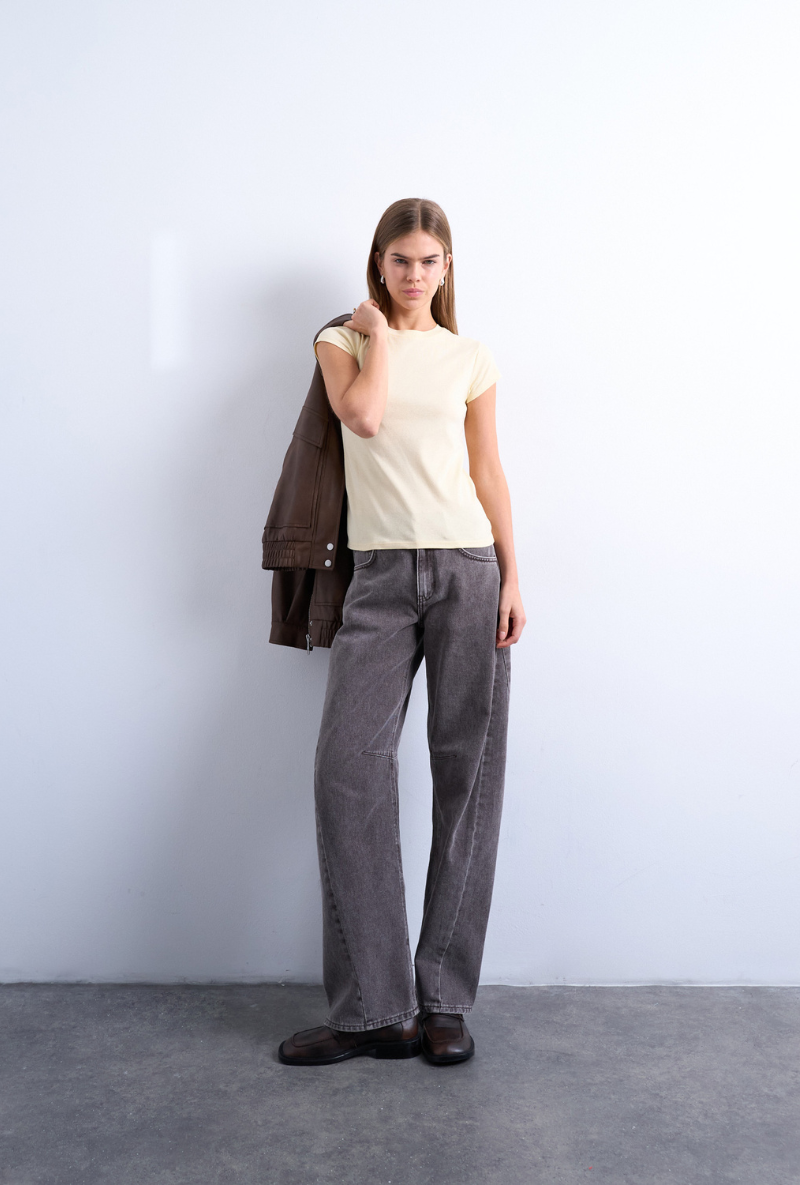 Front image of a model wearing Everyday top in yellow, by brand Top shop