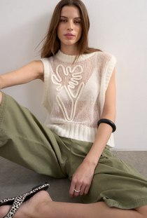 Front image of a model wearing the Josephine emb o in off white, by brand Top shop