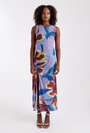 Front image of a model wearing the Mary mesh ruched maxi dress in purple, by brand Top shop