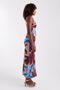 Front side image of a model wearing the Mary mesh ruched maxi dress in purple, by brand Top shop