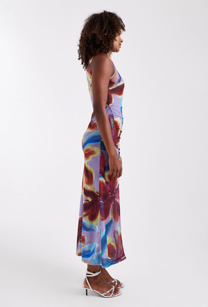 Front side image of a model wearing the Mary mesh ruched maxi dress in purple, by brand Top shop