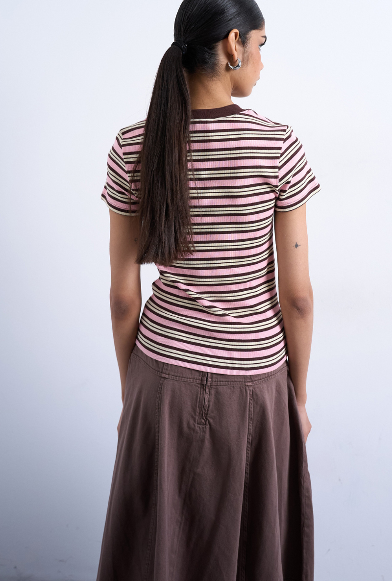 Back image of a model wearing Sally stripe rib tee in pink, by brand Top shop